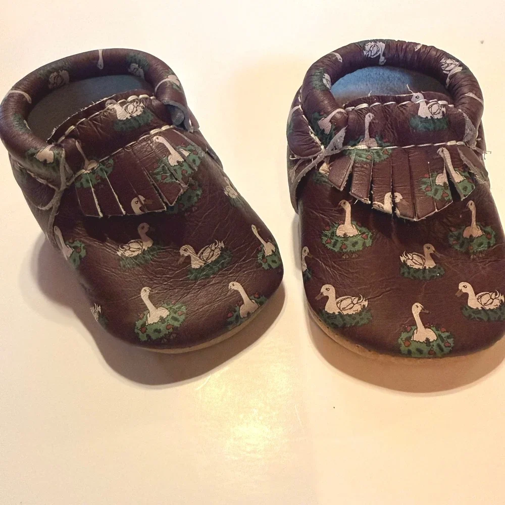 Freshly Picked Leather Goose Print Baby Moccasins 1 Burgundy Whimsical Heirloom